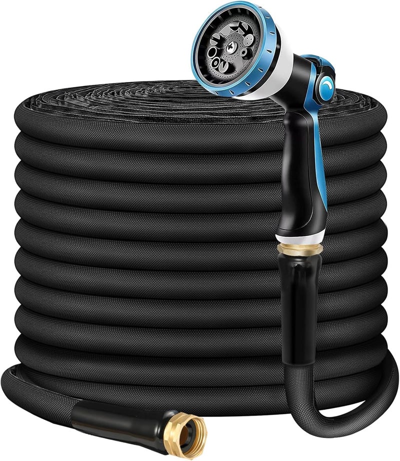 Relxitl Non-Expandable Garden Hose 50feet, Flexible Water Hose with 10 Function Hose Nozzle, Lightweight, Tangle Free, Rust Proof for Yard (Black) - Image 1